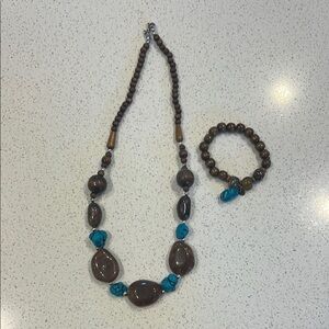 Brown and Blue Beaded Necklace with Turquoise Accents